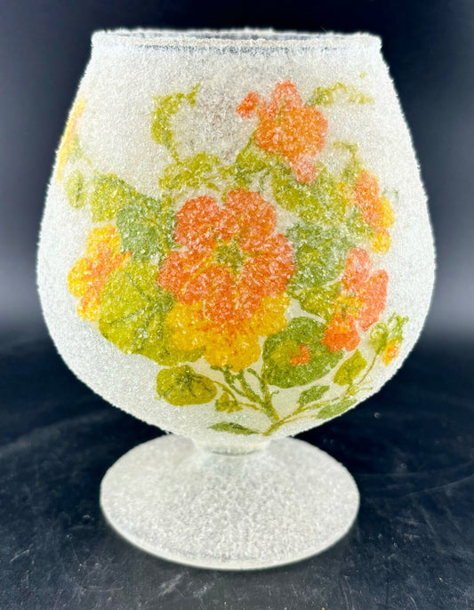Vintage Frosted Glass Cognac/Candle Holder Nasturtiums