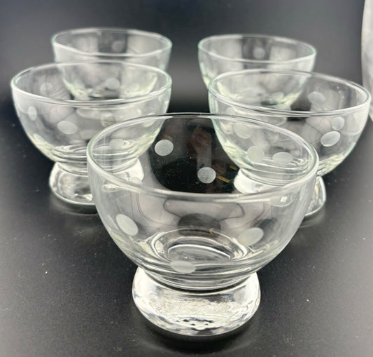 Vintage Etched Polka Dot Clear Glass Custard/Dessert Cups(5)