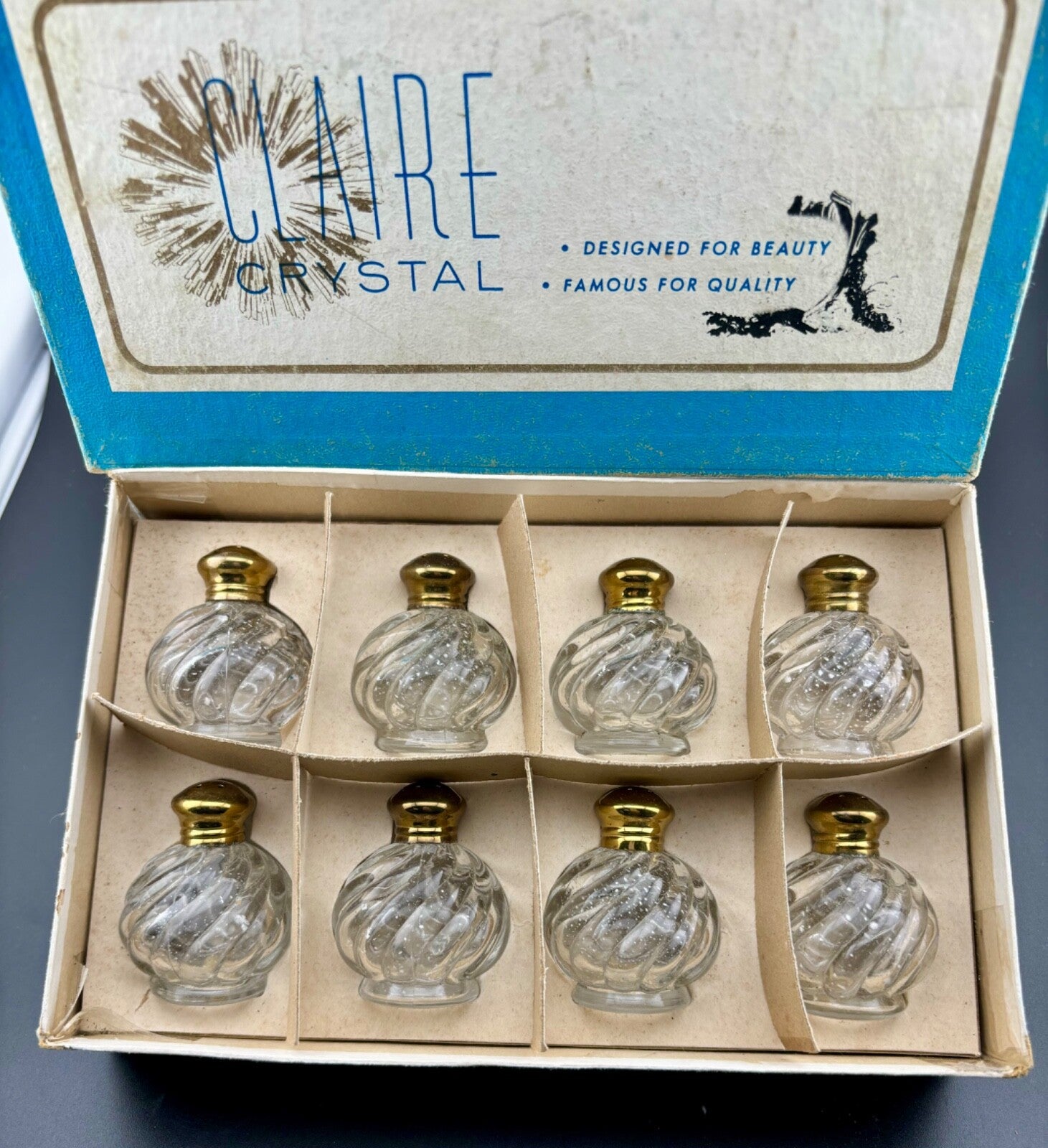 Vintage Claire Crystal Set Of 8 Shakers w/Box