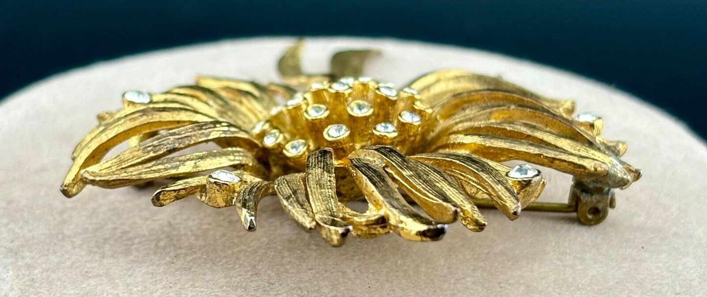 Vintage Gold Tone and Clear Rhinestone Brooch NK