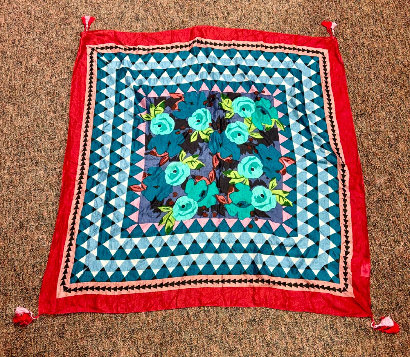 Noonday Collection 100% Silk Tassel Blues/Reds Scarf EUC