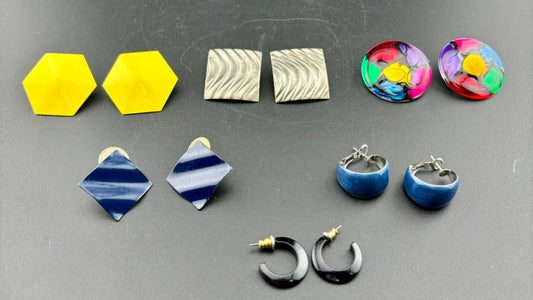 Six Pairs of Vintage Enameled Metal 1980's/1990's Earrings Bold Colorful