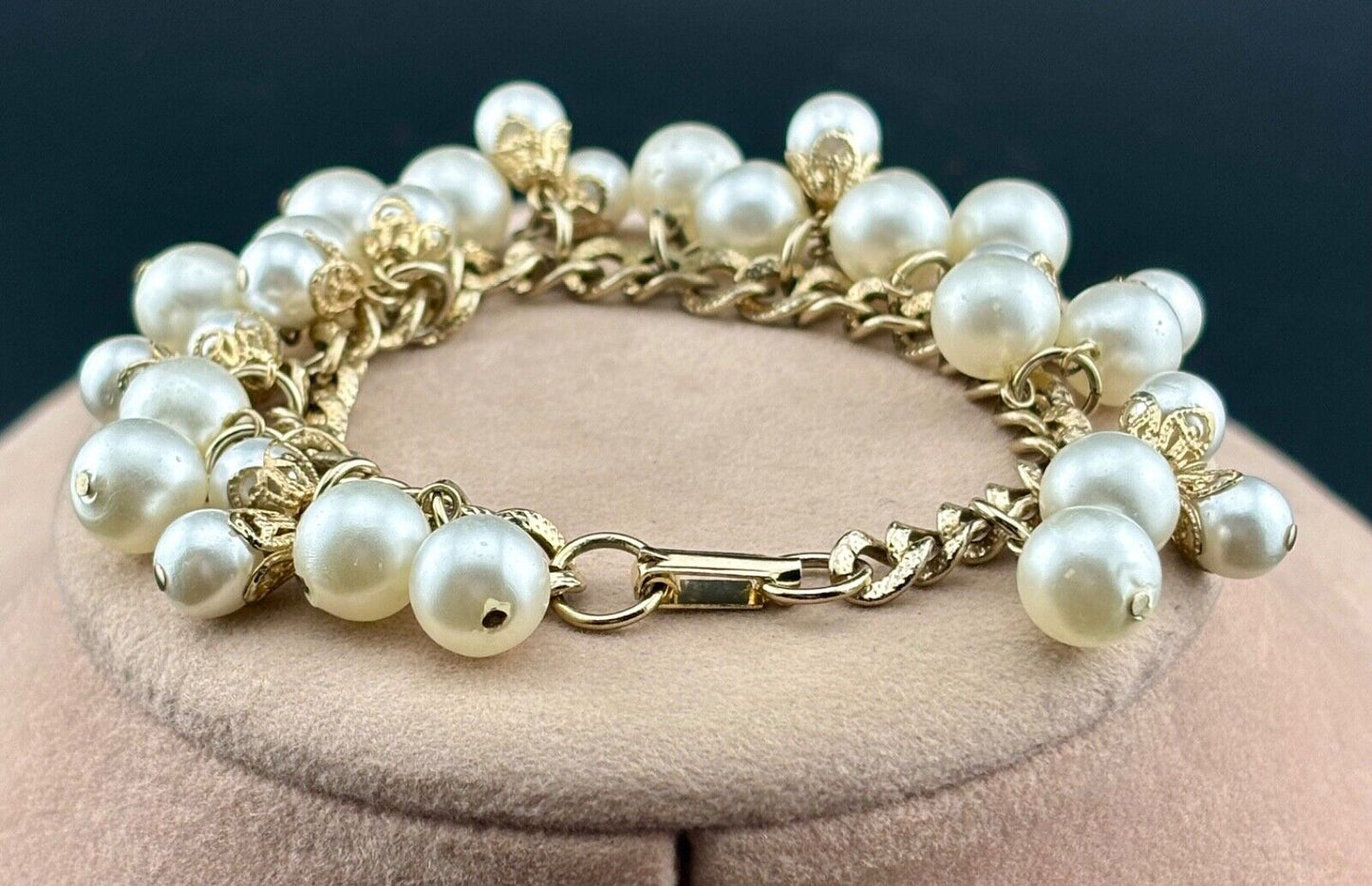 Vintage Dangle White Faux Pearl Cluster Links  Gold Tone Bracelet NK