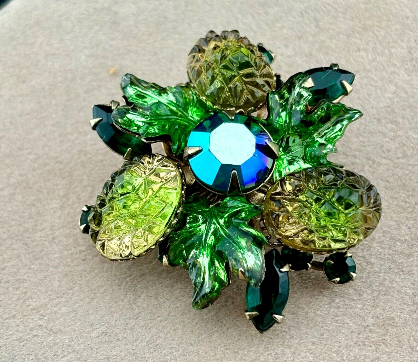 Vintage Blue/Green Fruit Salad Rhinestone Brooch NK