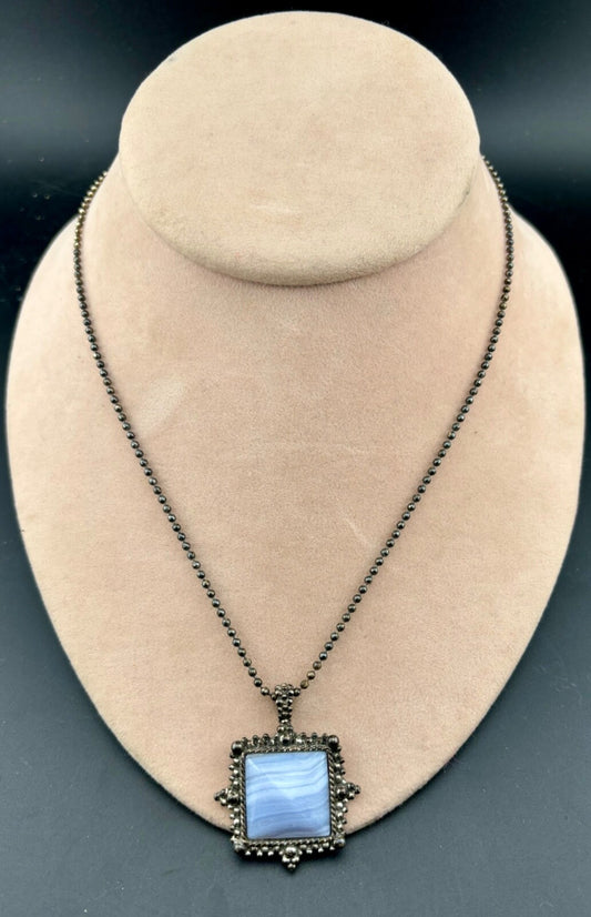 1928 Necklace Silver-Tone Gray Agate Pendant
