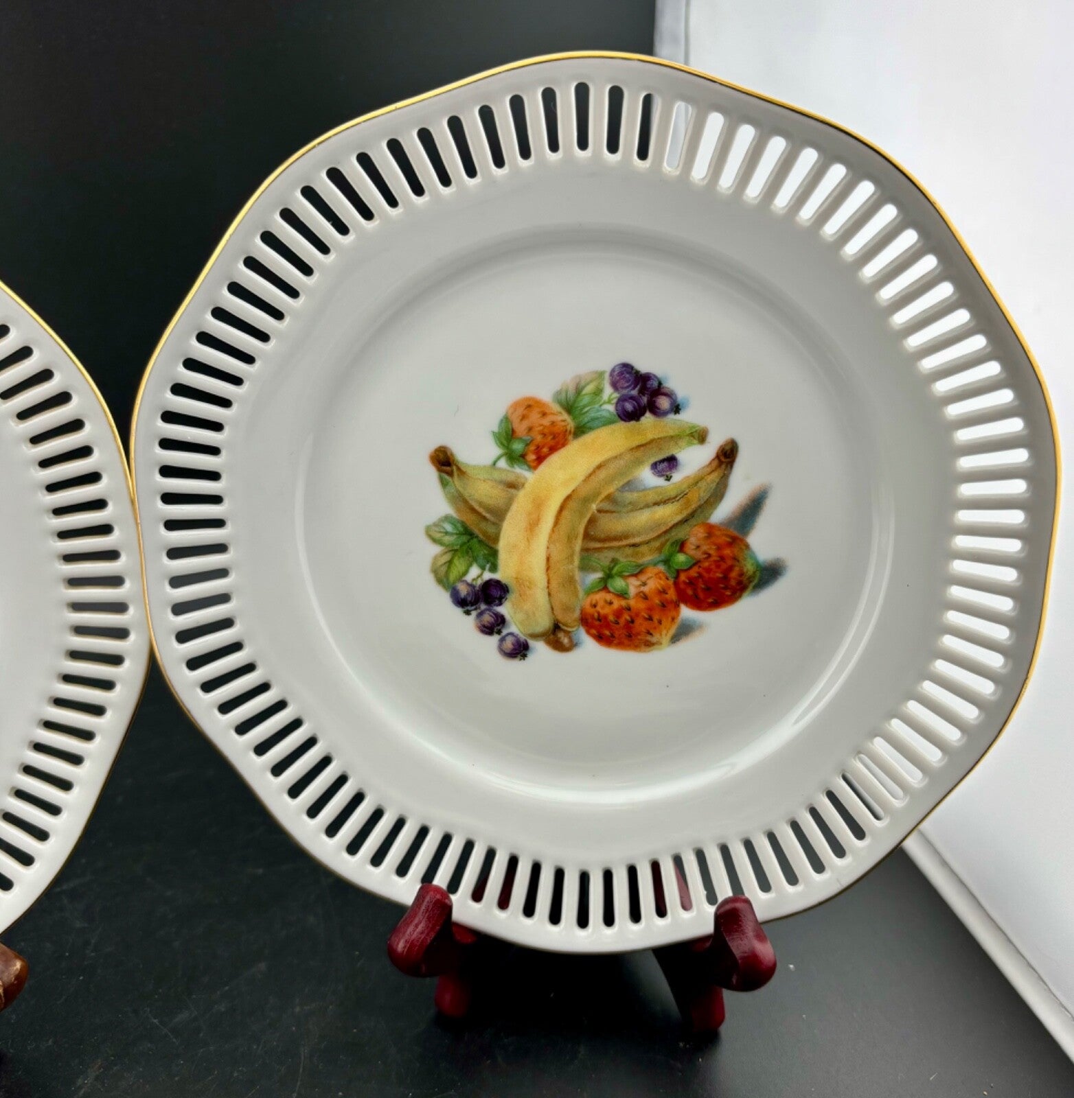 Pair of Reticulated Porcelain Decorative Plates Fruit Motif