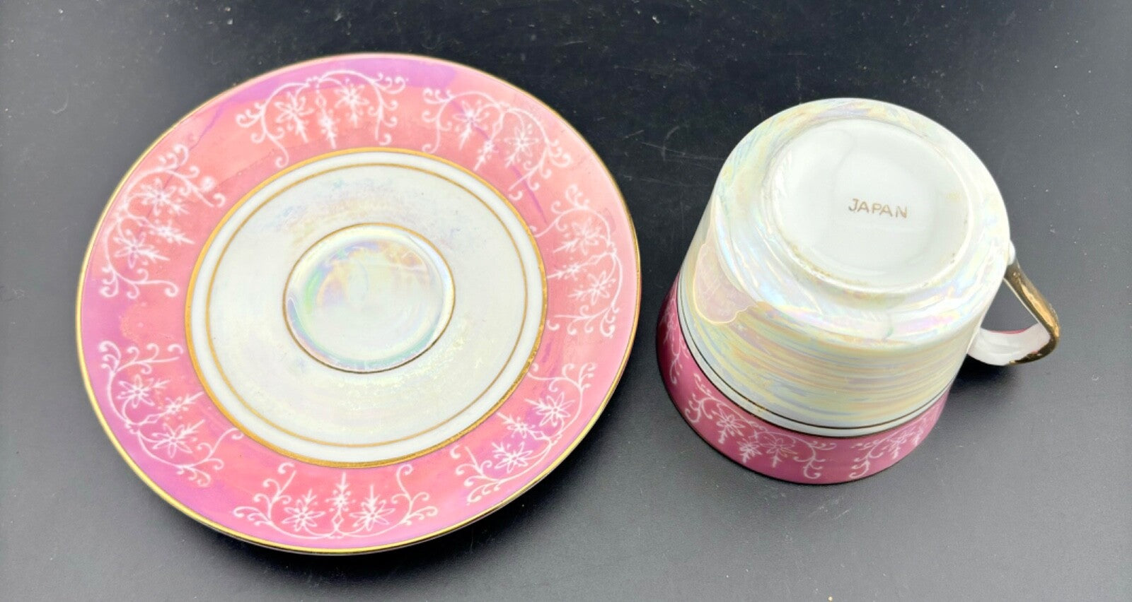 Vintage Tea Cup and Saucer Japanese Pink Luster with Gold Accent