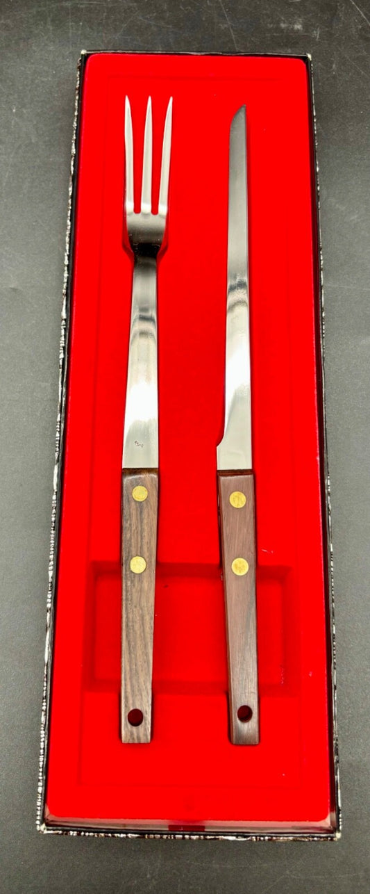 Vernco Japan Walnut and SS Carving Set MCM Vintage New in Box