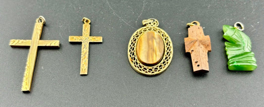 Five Vintage Pendants Carved Stone and Gold Filled