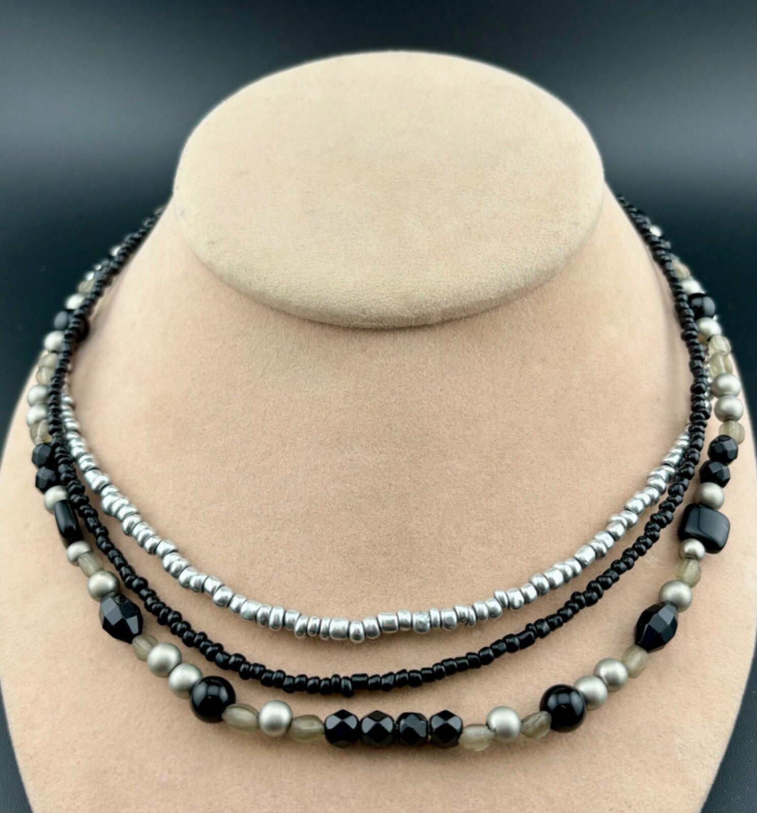Premier Designs Triple Strand Black/Silver Beaded Necklace NK