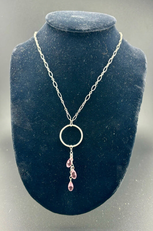 .925 Sterling Silver Necklace Pink Crystals