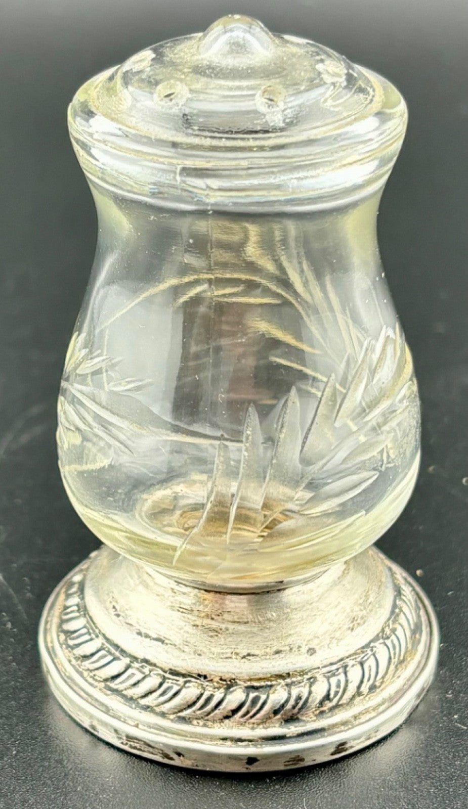 QUAKER SILVER CO WEIGHTED STERLING SILVER & ETCHED GLASS SALT SHAKER