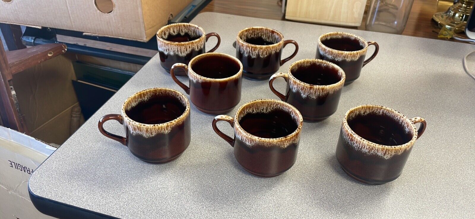 Vintage Pottery Brown Drip Glaze Coffee Mugs Cups ~ Set of 8 ~