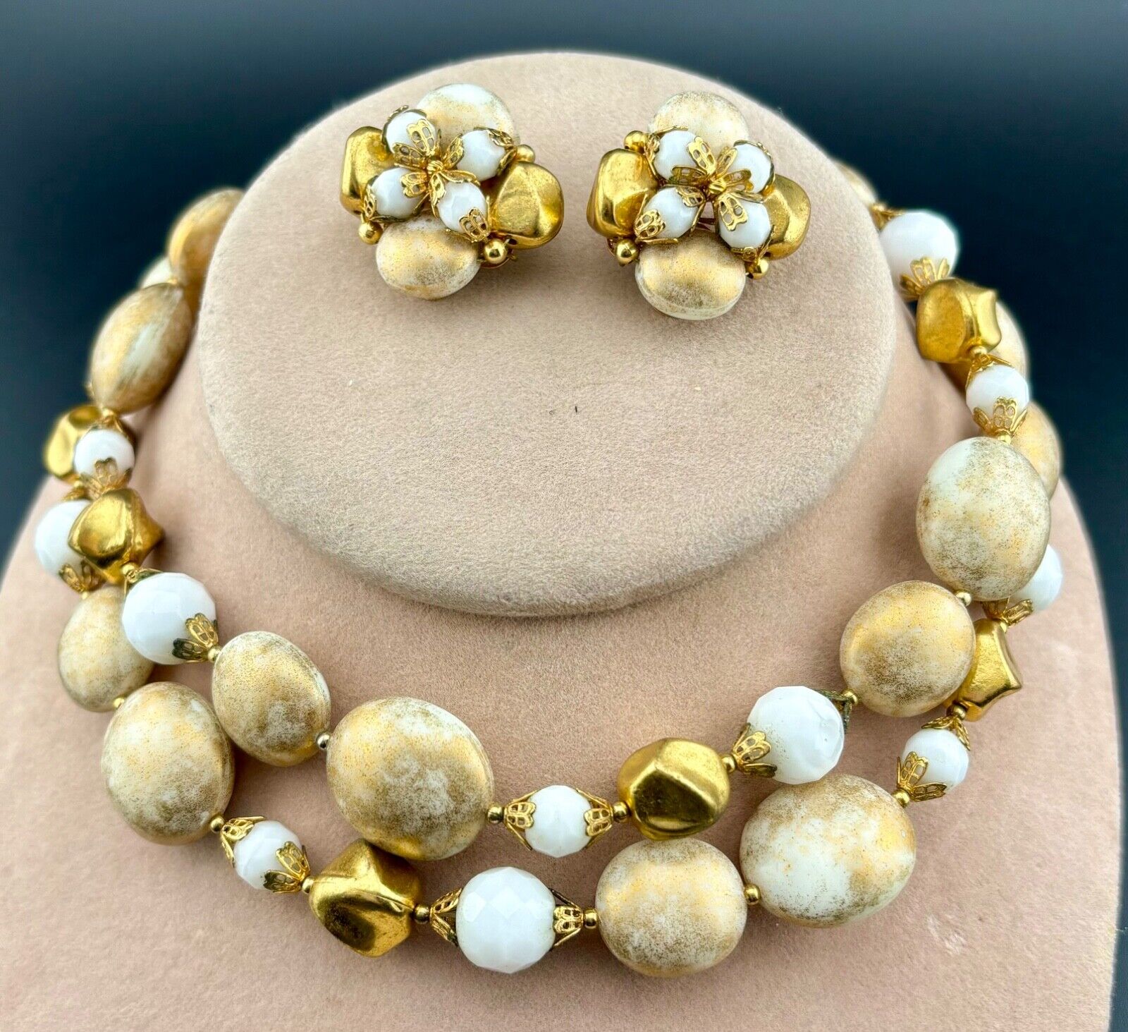 Vintage Gold and White Necklace/Earrings NK