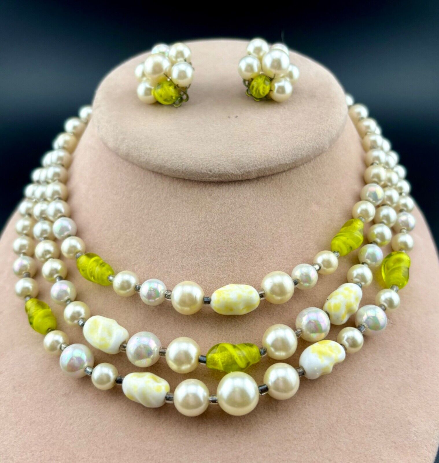 Vintage Faux Pearl and Neon Yellow Glass Necklace/Earring Set Japan NK