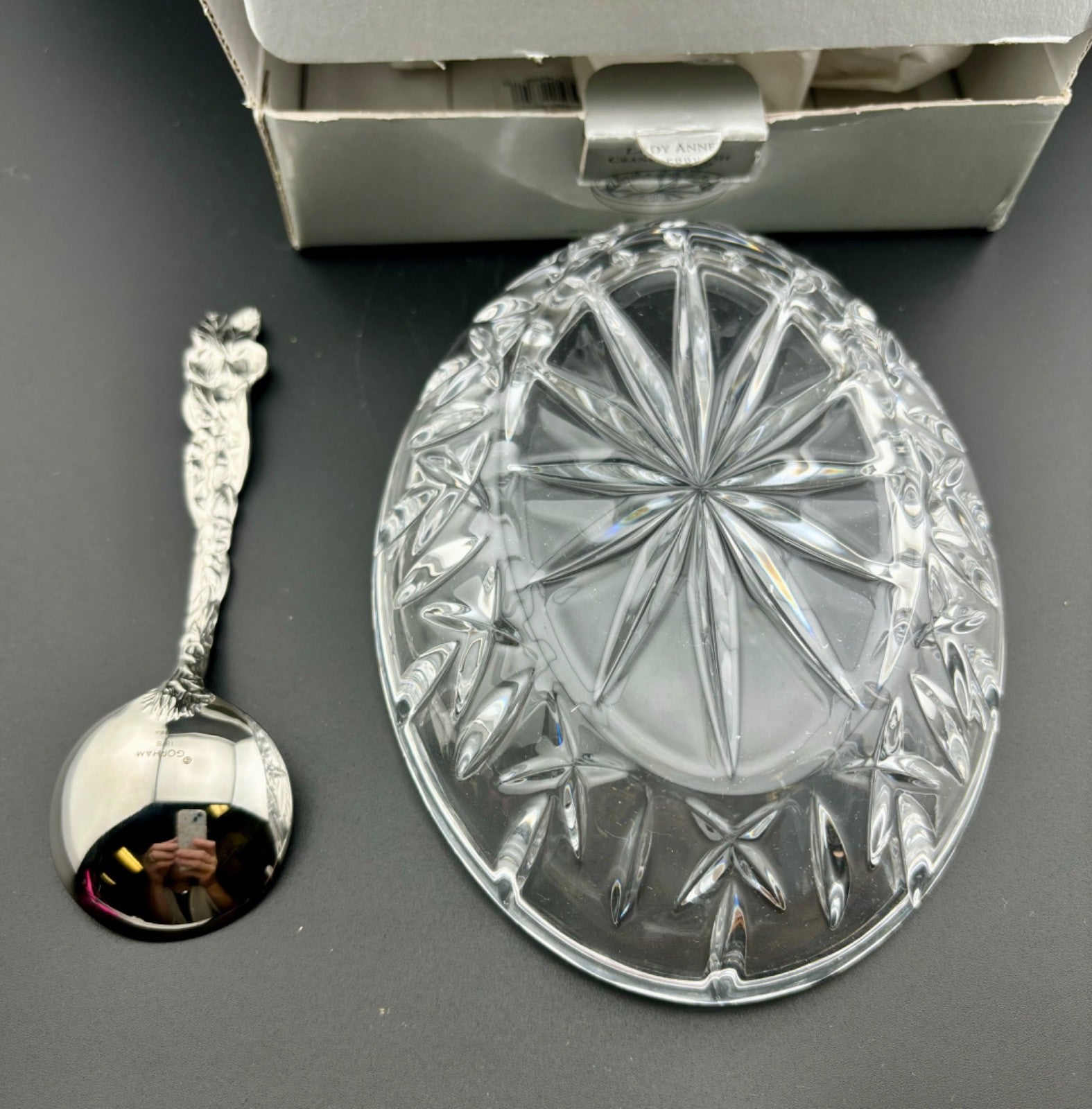 NWB Vintage Gorham Czech Lady Anne Cranberry Dish & Serving Spoon Lead Crystal