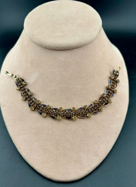 Vintage Gold-Tone Brown/Amber Rhinestone and Enamel Bracelet