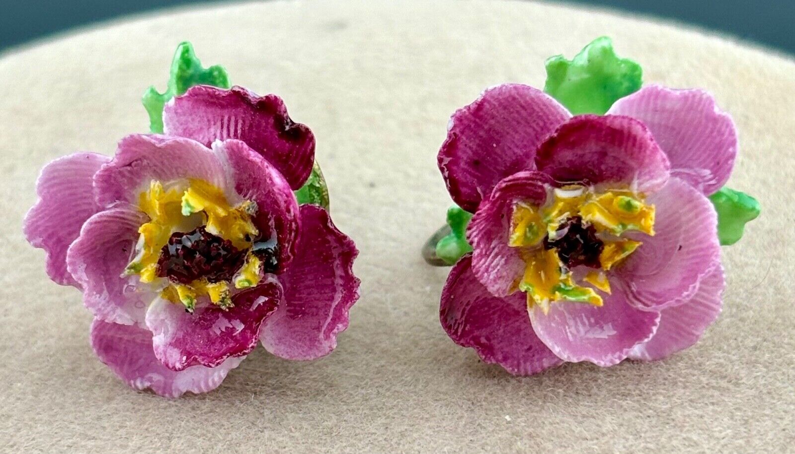 Vintage 1950's Painted Porcelain Rose Screw Back Earrings Made In England