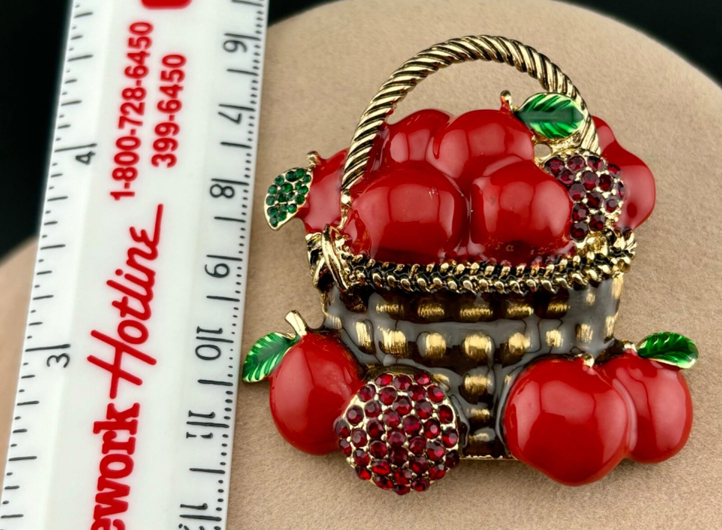 Basket Apples Brooch DANA BUCHMAN Gold Tone & Red Enamel Fruit Rhinestones NK