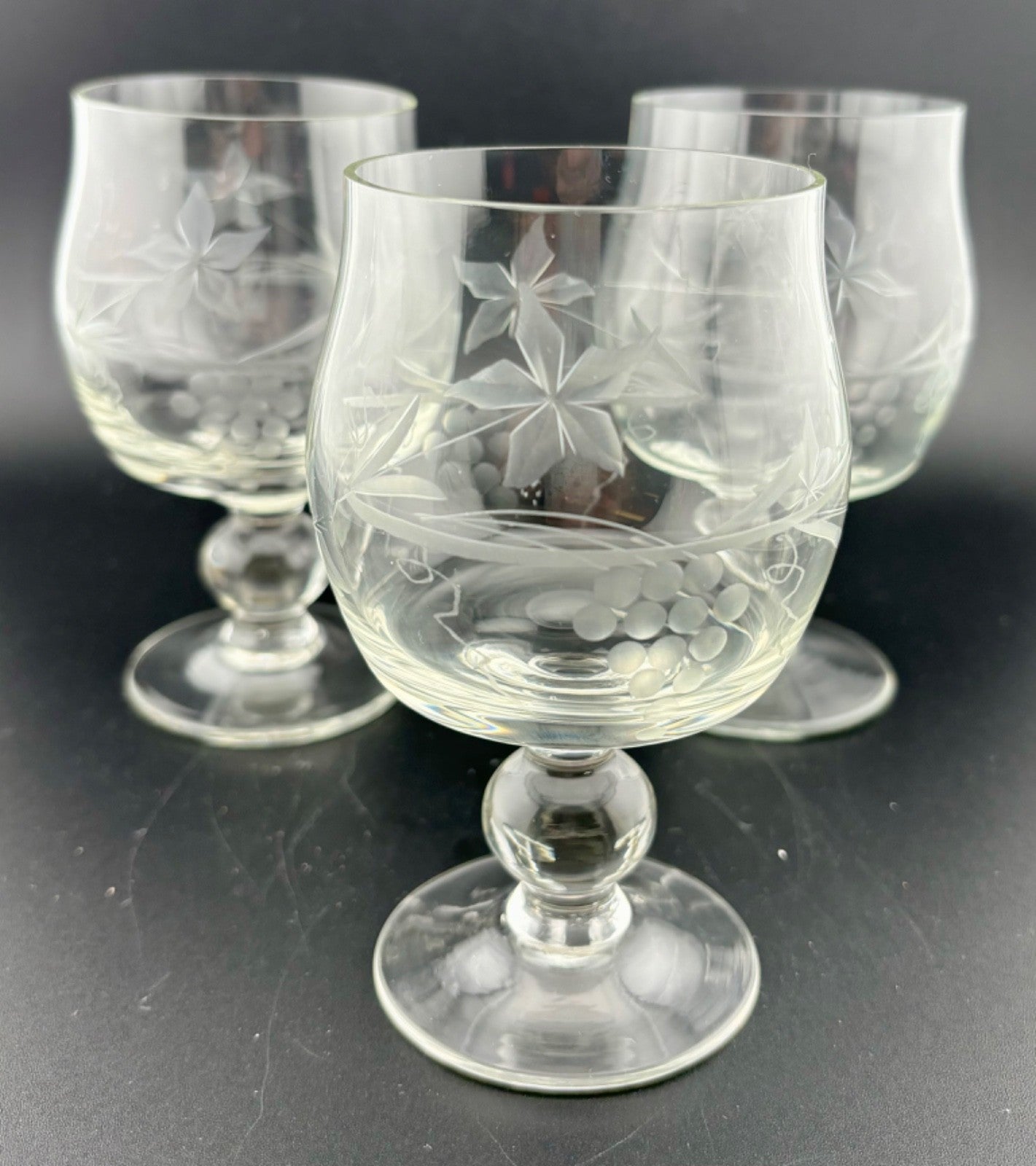 (3) VTG Crystal Brandy Cognac Snifter Glasses ~ Etched Grapes Vine. Stunning.