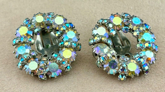VTG Signed WEISS Clip On Earrings Clear Aurora Borealis Rhinestone Circle NK