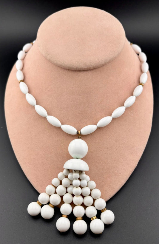 Vintage Signed Monet White Chunky Bead Necklace with Tassel NK