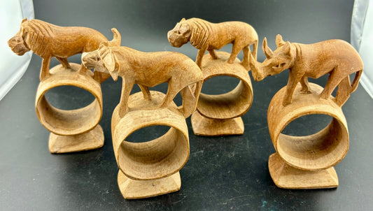 Vintage African Animal Wooden Napkin Rings Hand Carved Set of 4