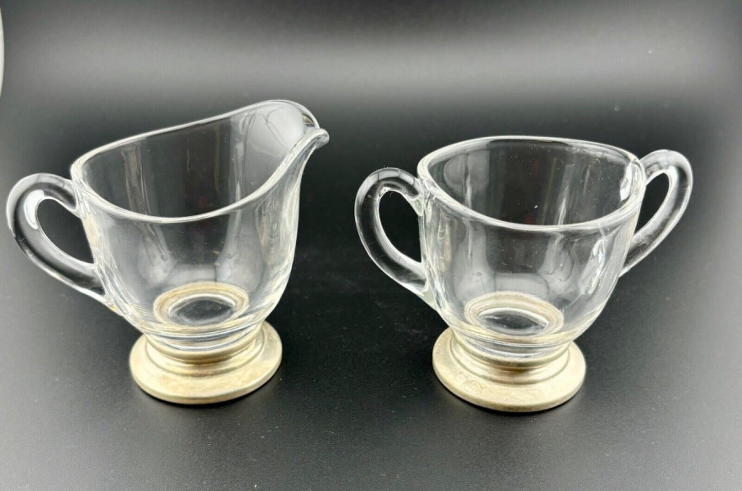 Vintage Small Sterling Silver Base Glass Open Sugar & Creamer