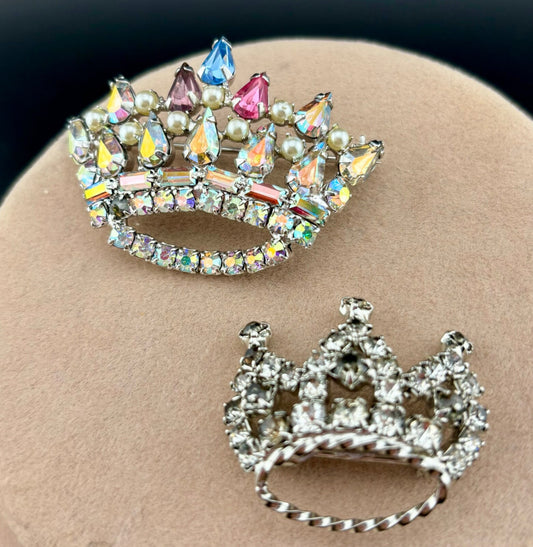 Two Vintage Rhinestone/Faux Pearl Crown Brooches NK