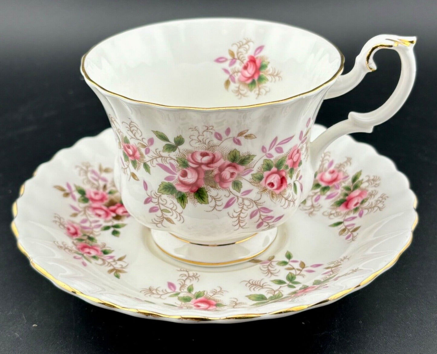 ROYAL ALBERT RIBBED TEA CUP AND SAUCER - "LAVENDER ROSE" MADE IN ENGLAND