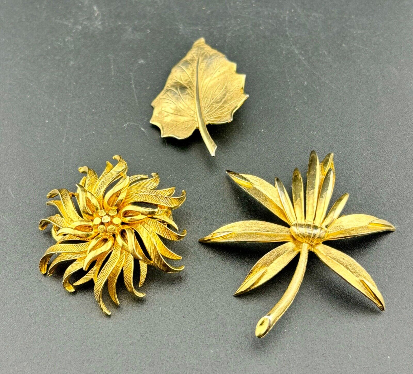 Three Vintage Gold Tone Floral Brooches NK