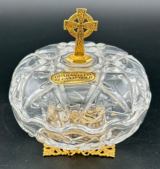 Vintage Crystal Box Celtic Cross 22 Karat Gold Finishing