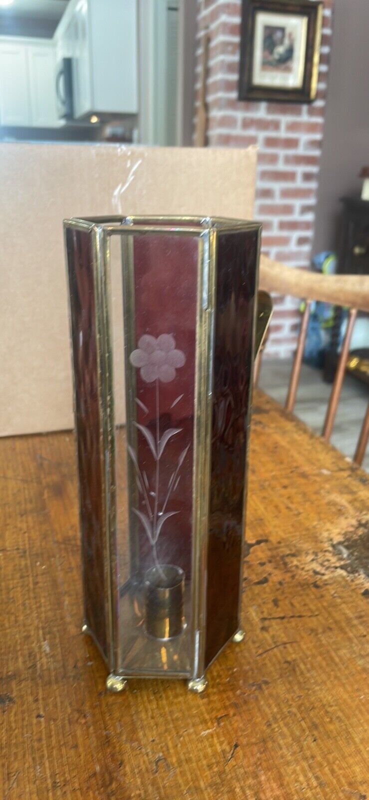 Vintage Brass and Stained Glass Candle Holder