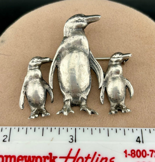 Vintage Three Penguins Brooch Sterling Silver 16 Grams