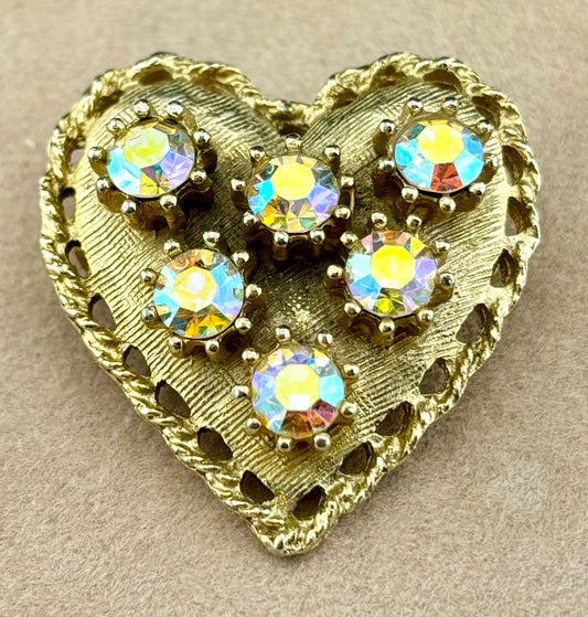 Vintage Gold-Tone and Aurora Borealis Heart Brooch NK