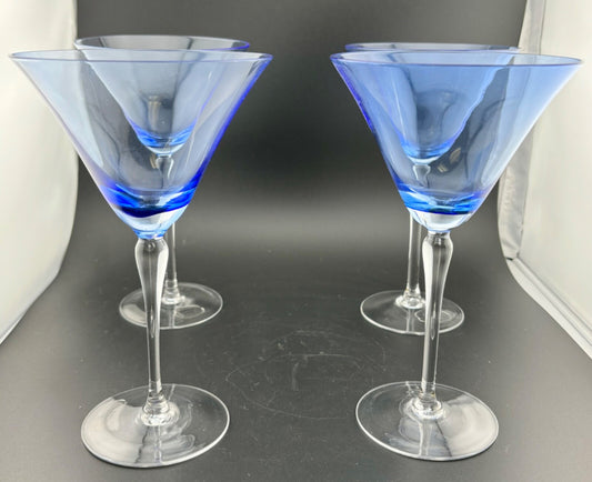 Mouth Blown Chinese Blue and Clear Martini Glasses(4)