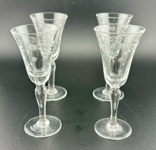 Vintage Etched Glass Cordials Delicate Set of 4