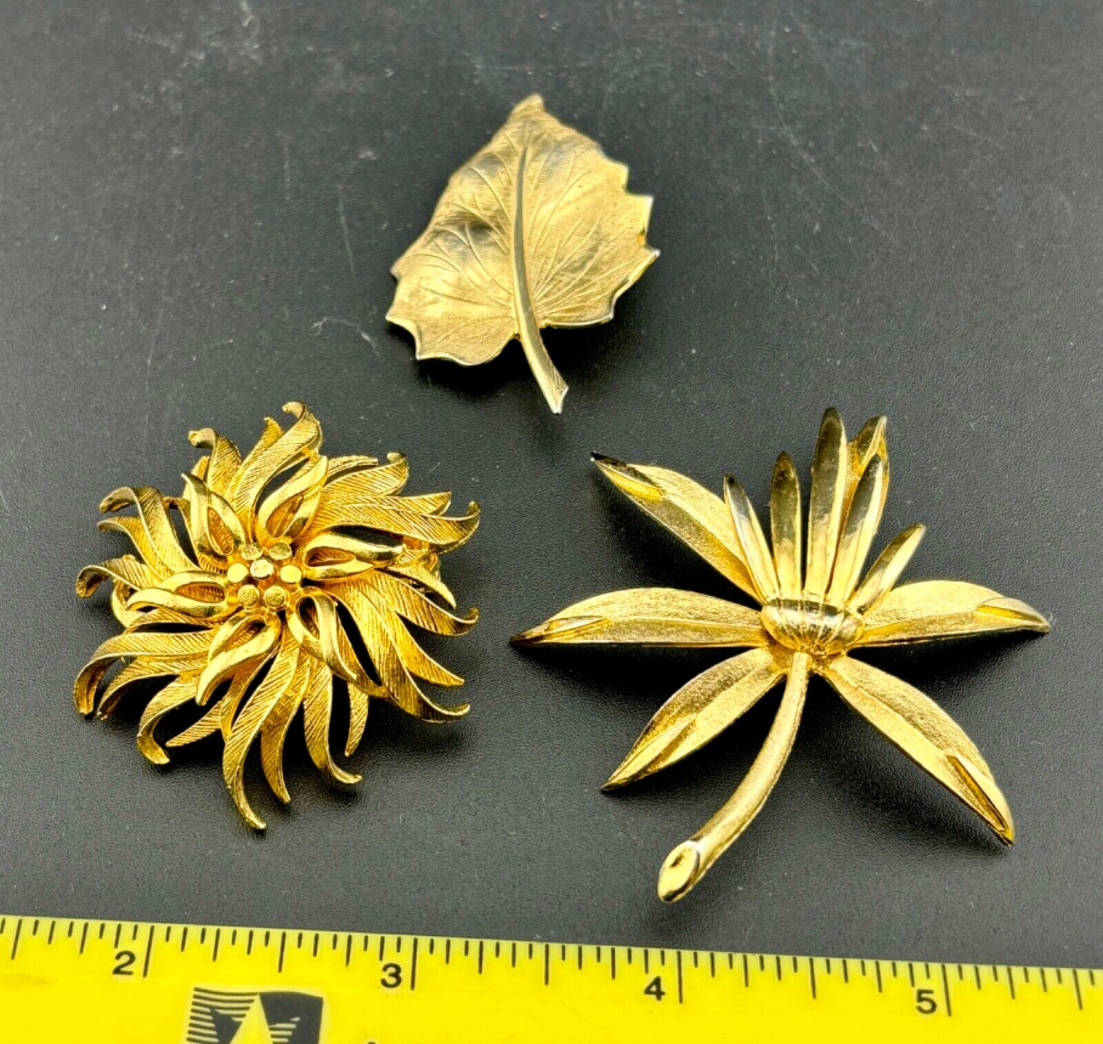 Three Vintage Gold Tone Floral Brooches NK