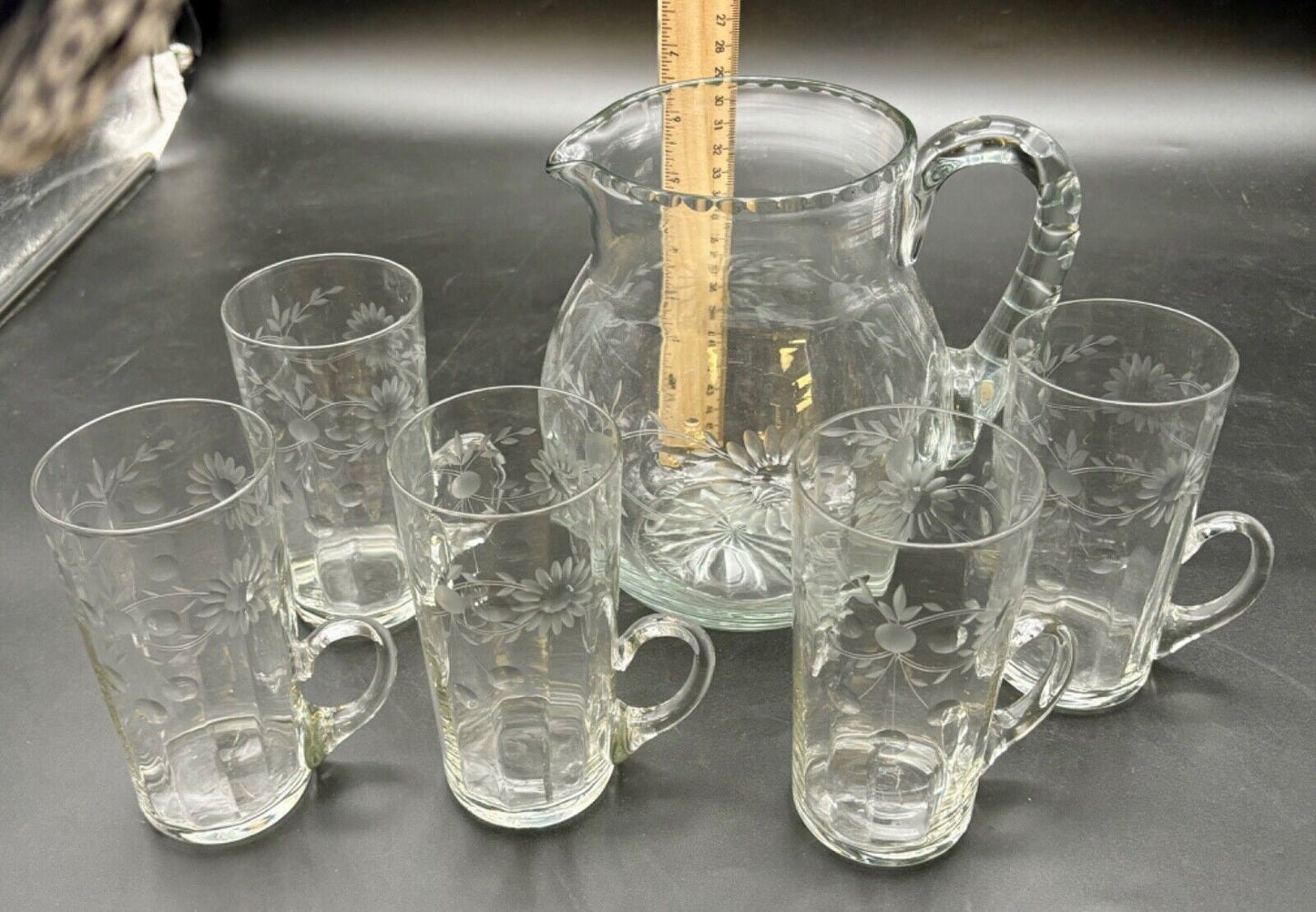 Antique Etched Clear Glass Pitcher and Glasses Set(6 pieces)