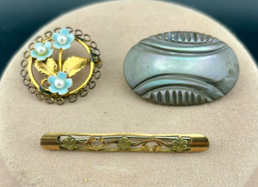 Antique Edwardian Brooch Lot of 3 Gold-Filled/Shell/Pearl