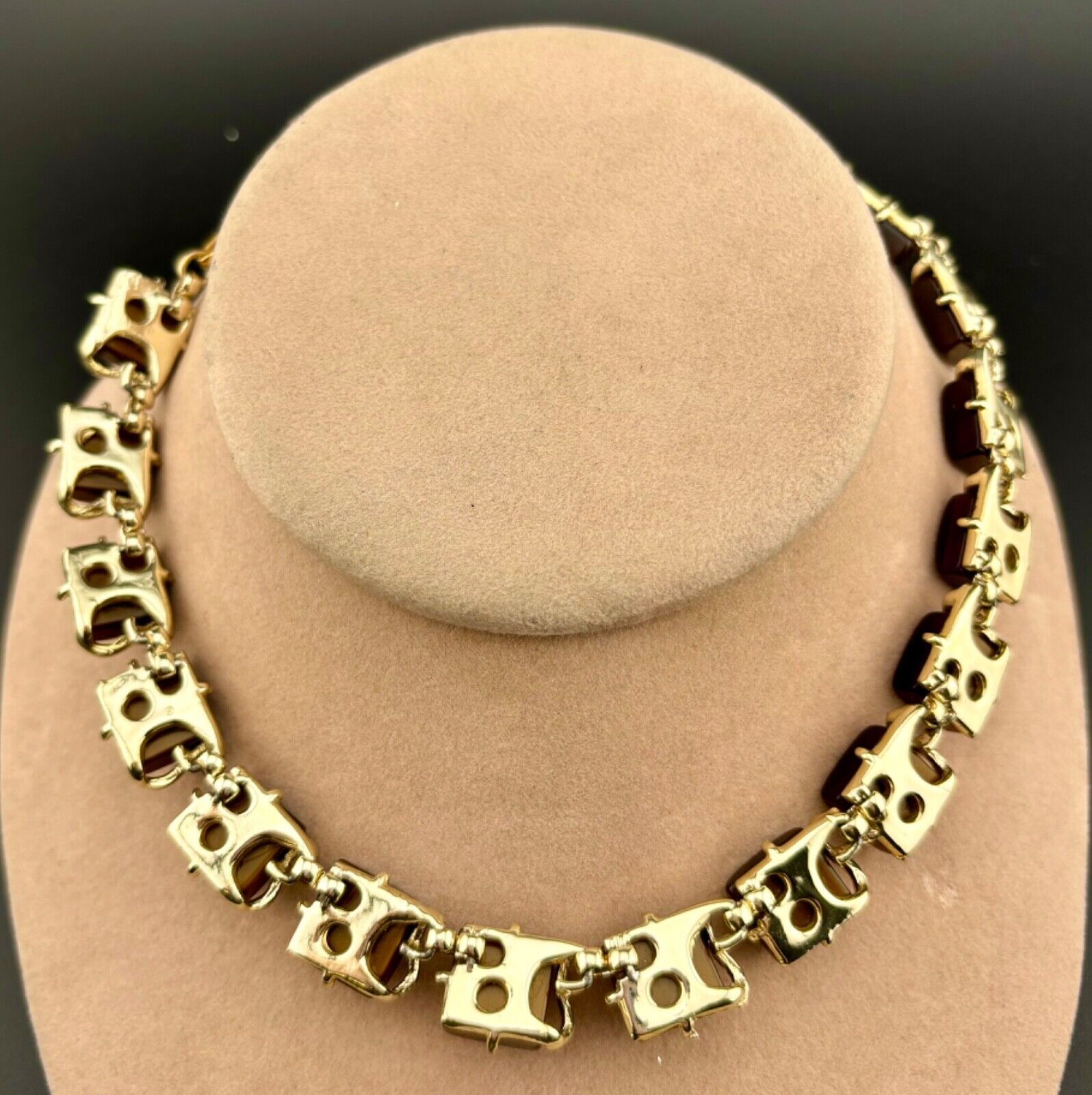 Vintage Gold-tone Brown Rhinestone/Faux Cat's Eye Choker Necklace NK