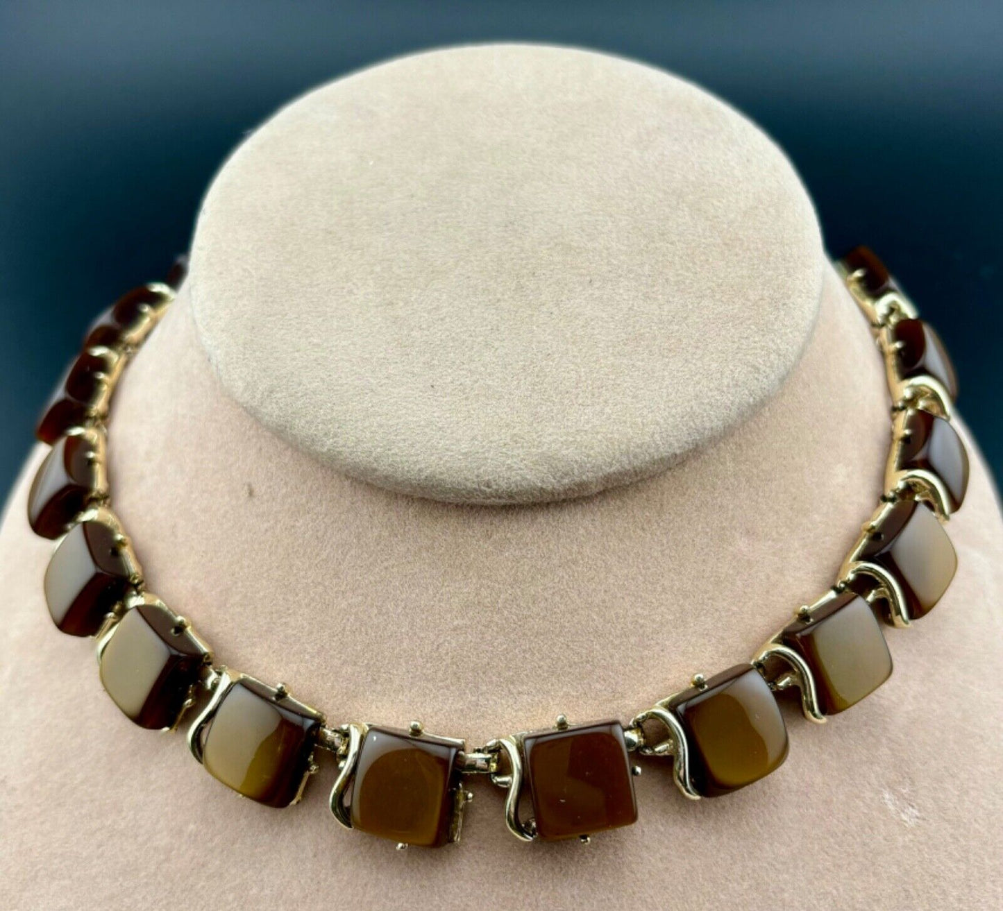 Vintage Gold-tone Brown Rhinestone/Faux Cat's Eye Choker Necklace NK