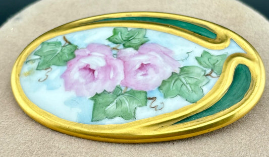Antique Hand-Painted Porcelain Floral Brooch Germany