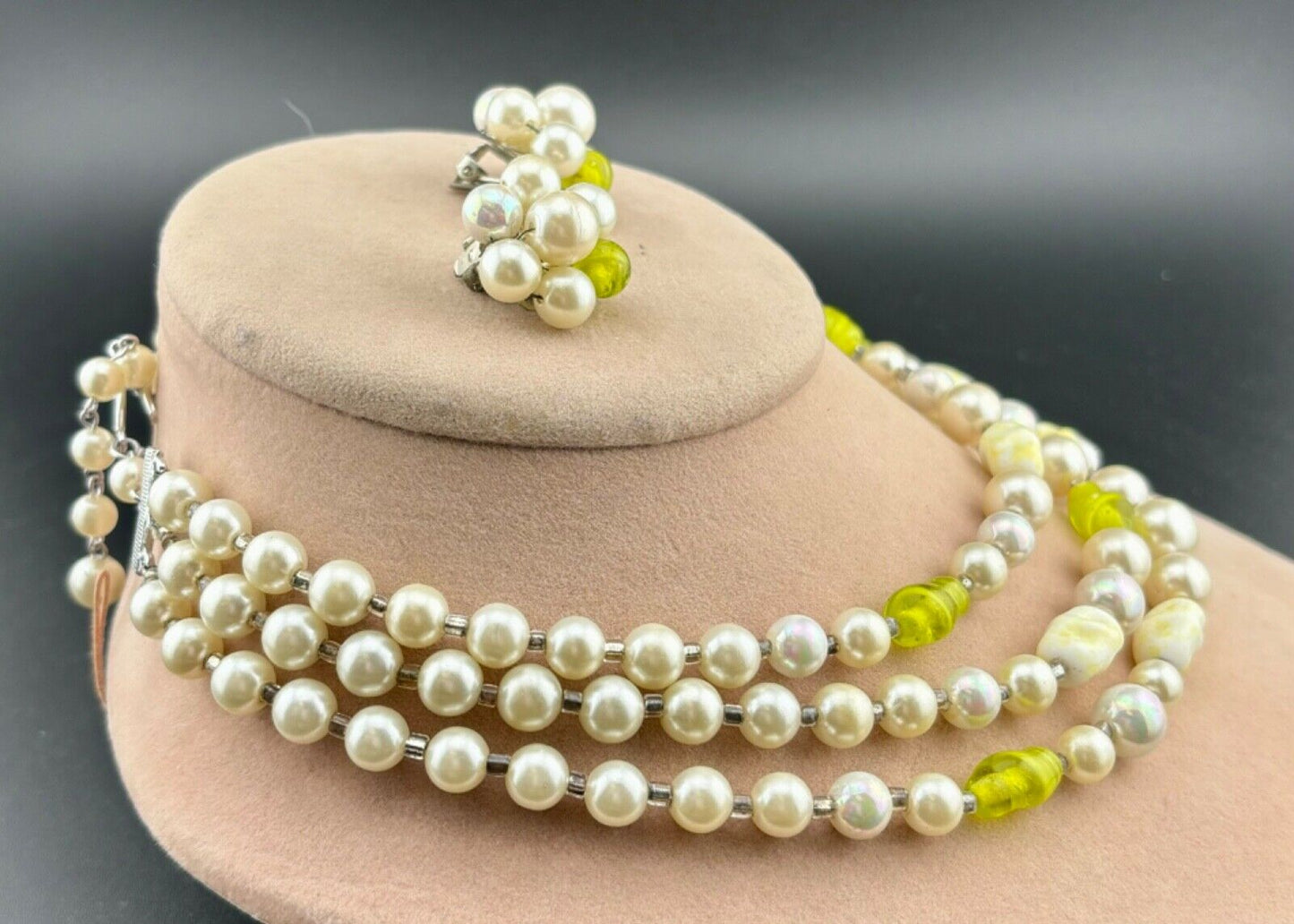 Vintage Faux Pearl and Neon Yellow Glass Necklace/Earring Set Japan NK