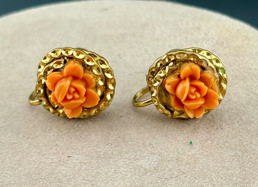 VINTAGE PAIR ROSE MOTIF FAUX CORAL CELLULOID EARRINGS - SCREW BACKS