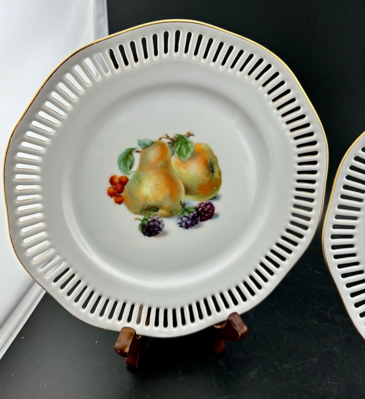 Pair of Reticulated Porcelain Decorative Plates Fruit Motif