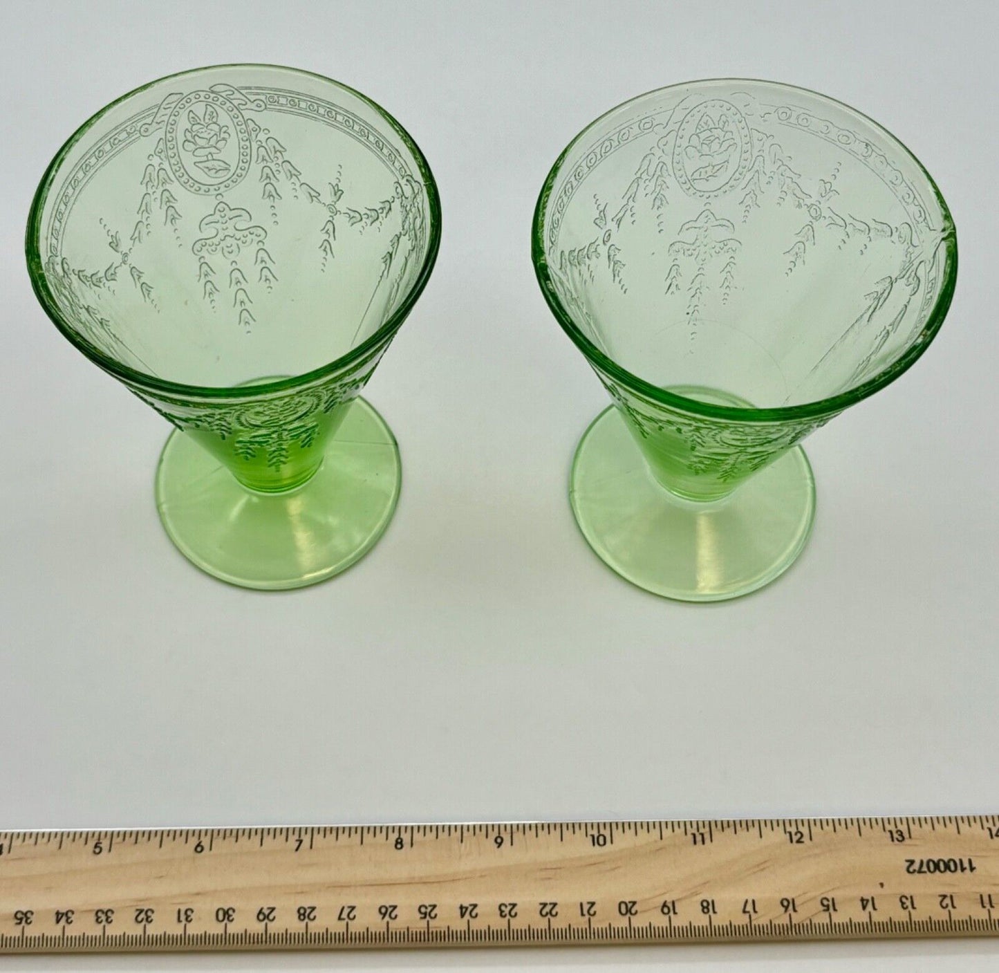 Vintage Pair Belmont Rose Green Depression Glass/Uranium Tumblers