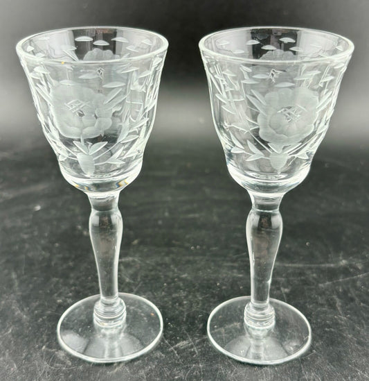 Pair of Vintage Etched Cut Cordial Glass 4” Tall