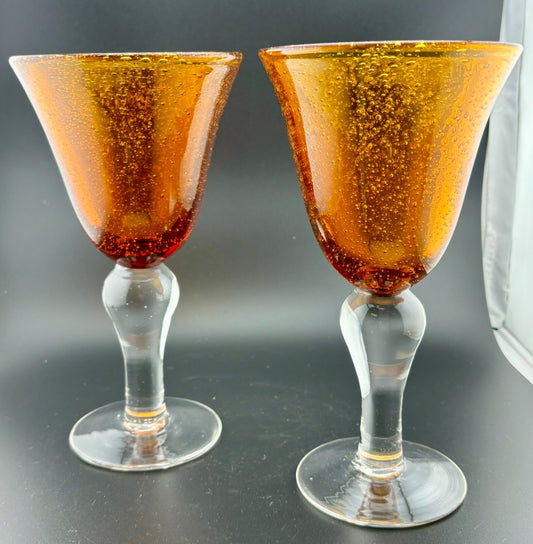 Hand-Made Amber and Clear Seed Glass Goblets-Pair