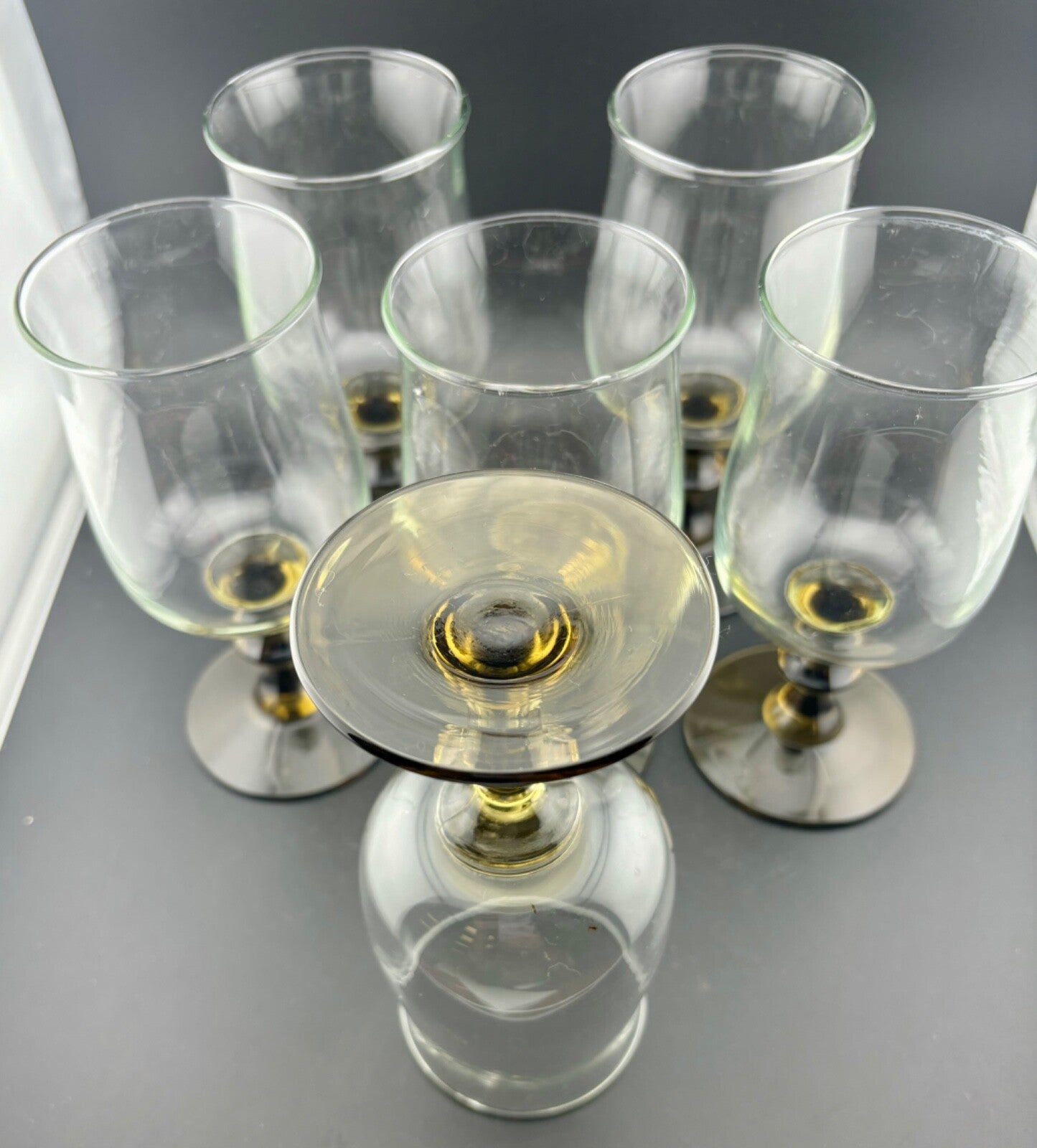 Vintage(6)  Libbey TWO-TONE TULIP Brown Wine Glasses Pedestal Knob Stems 6.5"